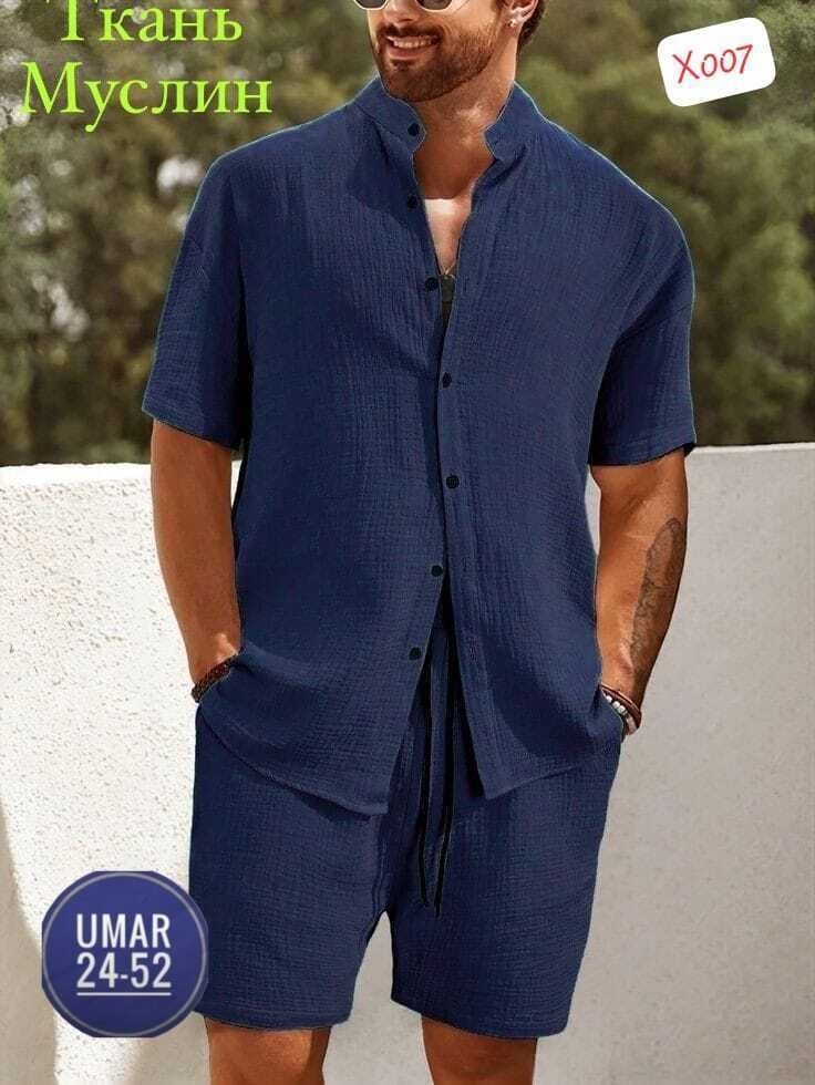 летние костюмы мужские,костюм мужской,мужской костюм с шортами,мужская мода,трендовый деловой летний комплект муслин мужской костюм рубашка и шорты