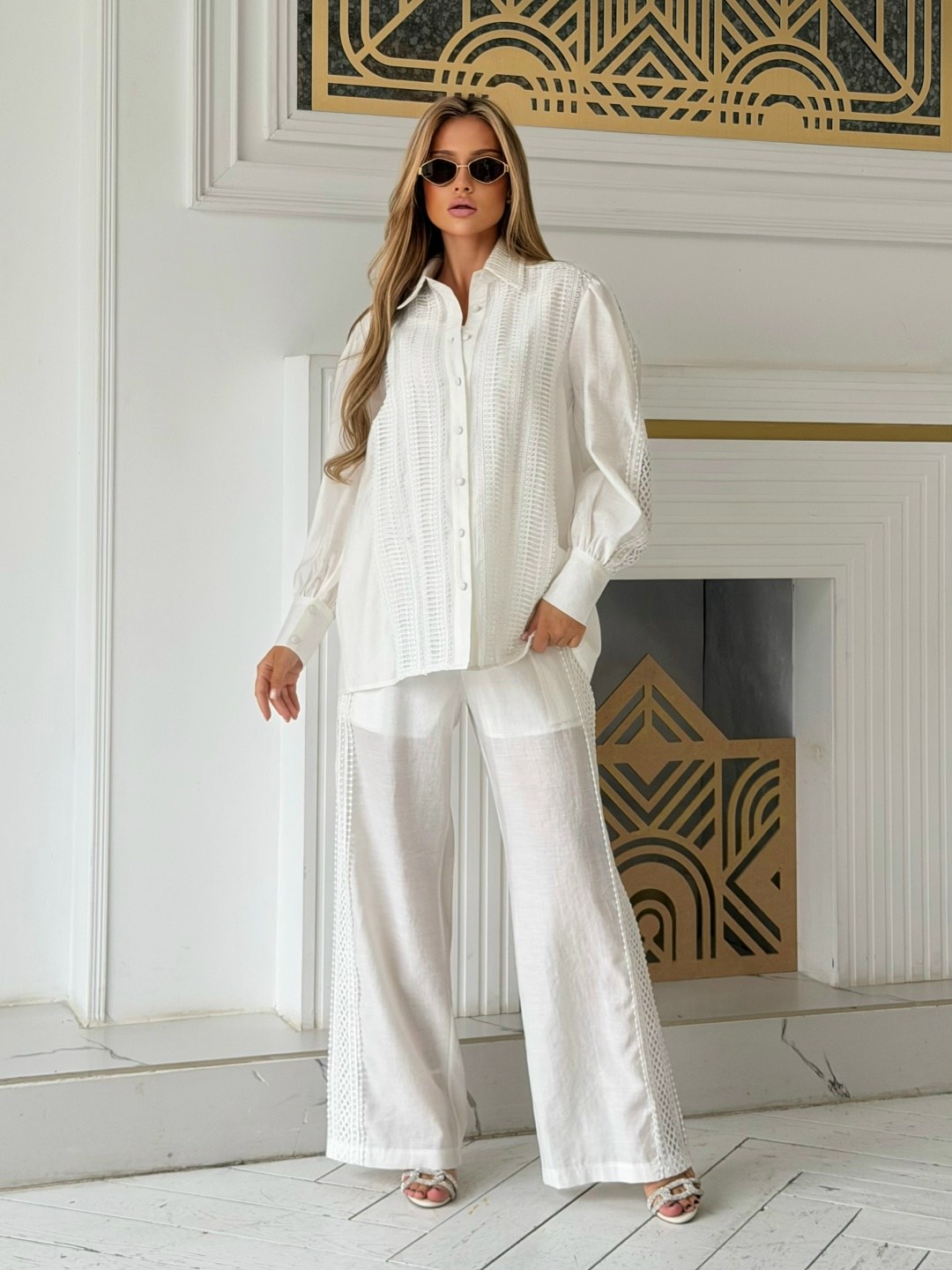 рубашка хлопковая оверсайз emberens 246727004,брючный костюм,белые костюмы,костюм повседневный,женский костюм