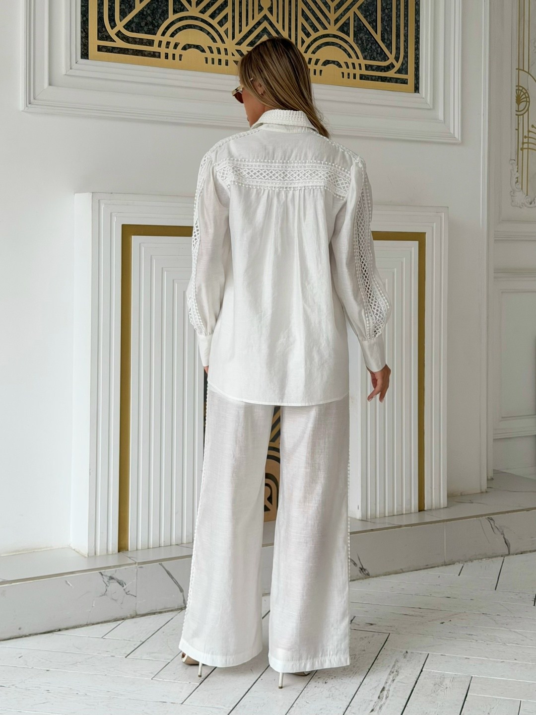 рубашка хлопковая оверсайз emberens 246727004,брючный костюм,белые костюмы,костюм повседневный,женский костюм