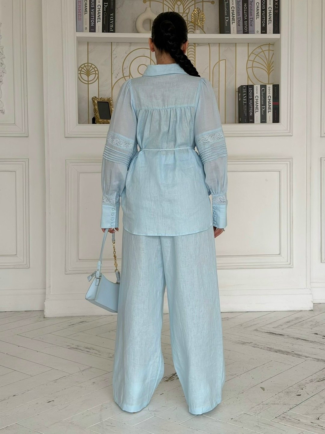 костюм женский льняной брючный,костюм льняной брючный,летний костюм брюки палаццо женский льняной с рубашкой 37thavenue небесно-голубой,костюм брючный,костюм льняной женский с брюками