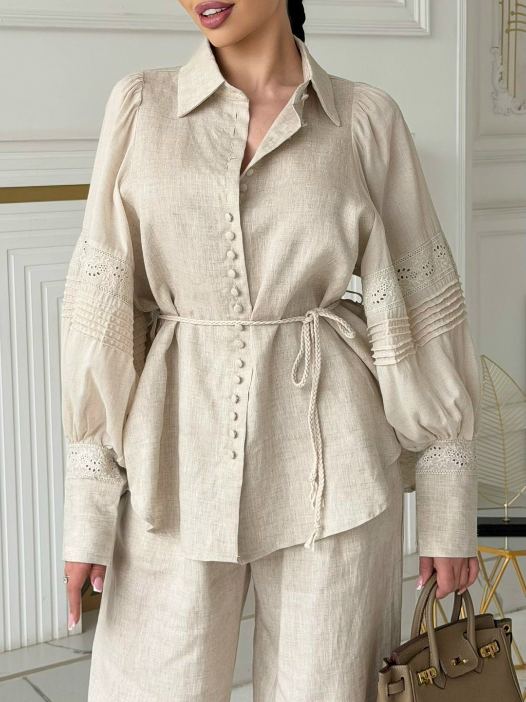 костюм женский льняной брючный,костюм льняной брючный,летний костюм брюки палаццо женский льняной с рубашкой 37thavenue небесно-голубой,костюм брючный,костюм льняной женский с брюками