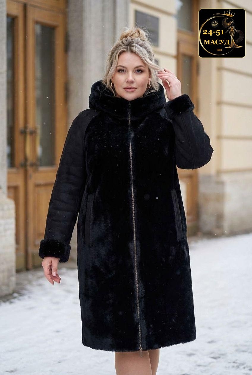 шуба из мутона с капюшоном, отделка норка мосмеха 8020604,мутоновая шуба,шуба из мутона,мутоновая шуба большой размер,panafics шуба мутоновая