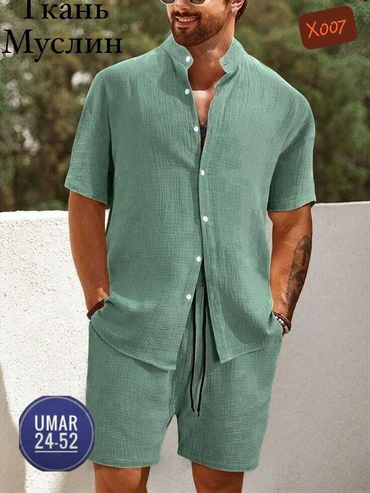 летние костюмы мужские,костюм мужской,мужской костюм с шортами,мужская мода,трендовый деловой летний комплект муслин мужской костюм рубашка и шорты