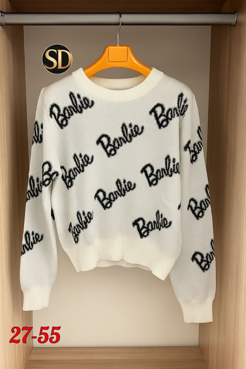 свитер оверсайз с надписью barbie,свитер оверсайз вязаный barbie lucky fashion,женская кофта,женский свитер,молодежный свитер оверсайз барби