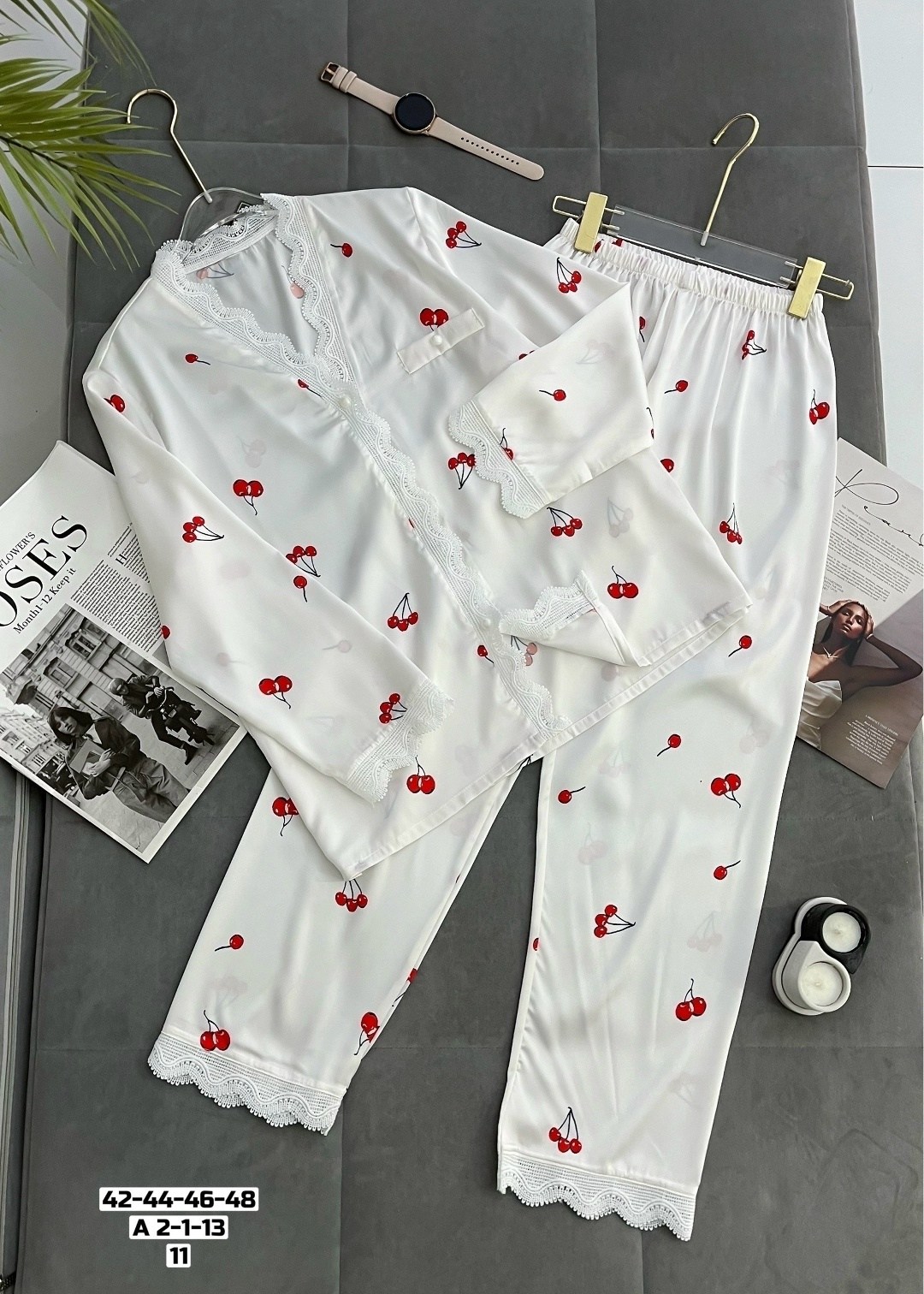 пижама женская,пижама домашняя со штанами belle_femme,комплект женской пижамы,шелковая женская пижама,шелковая пижама женская вишня