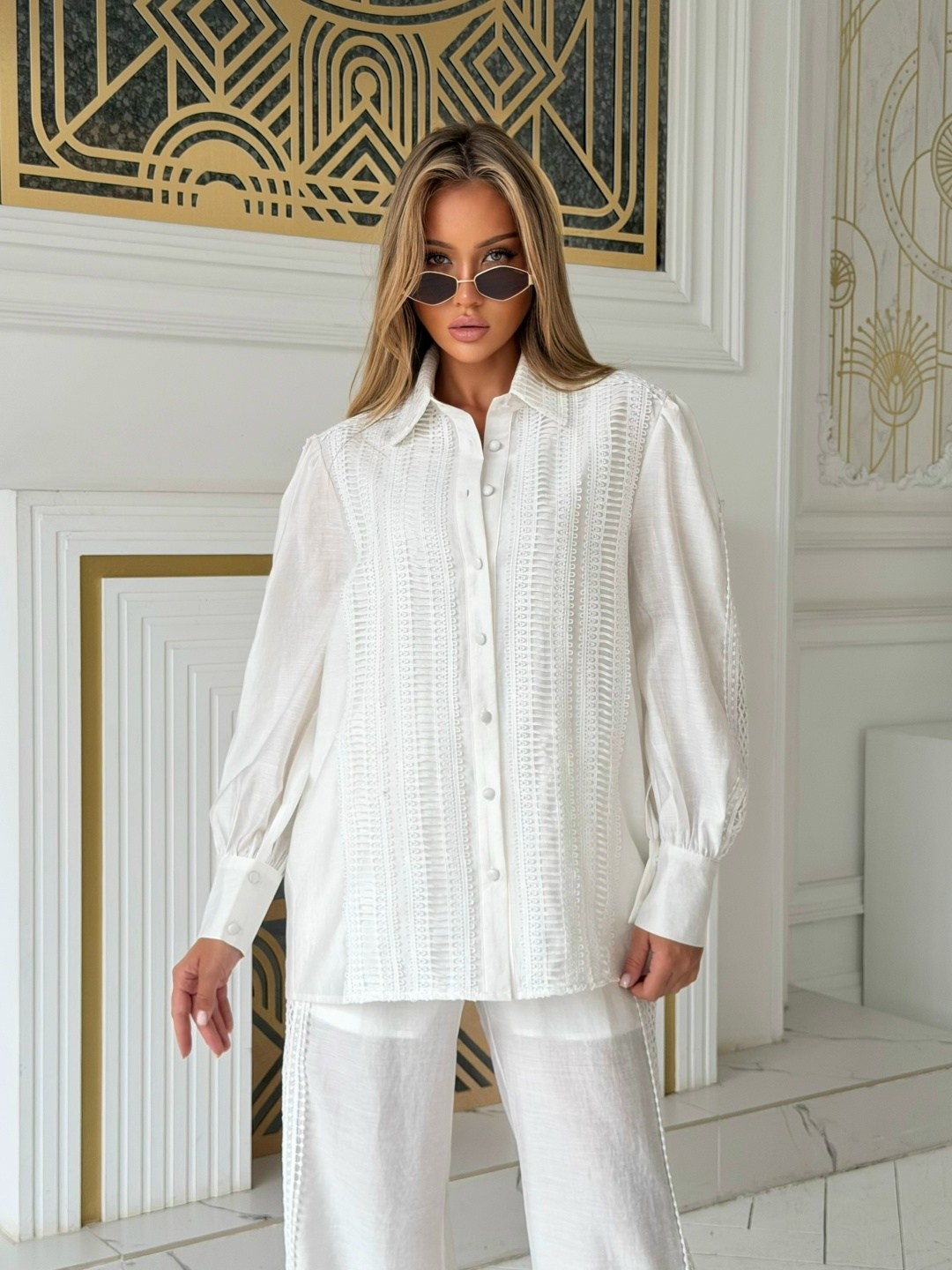 рубашка хлопковая оверсайз emberens 246727004,брючный костюм,белые костюмы,костюм повседневный,женский костюм