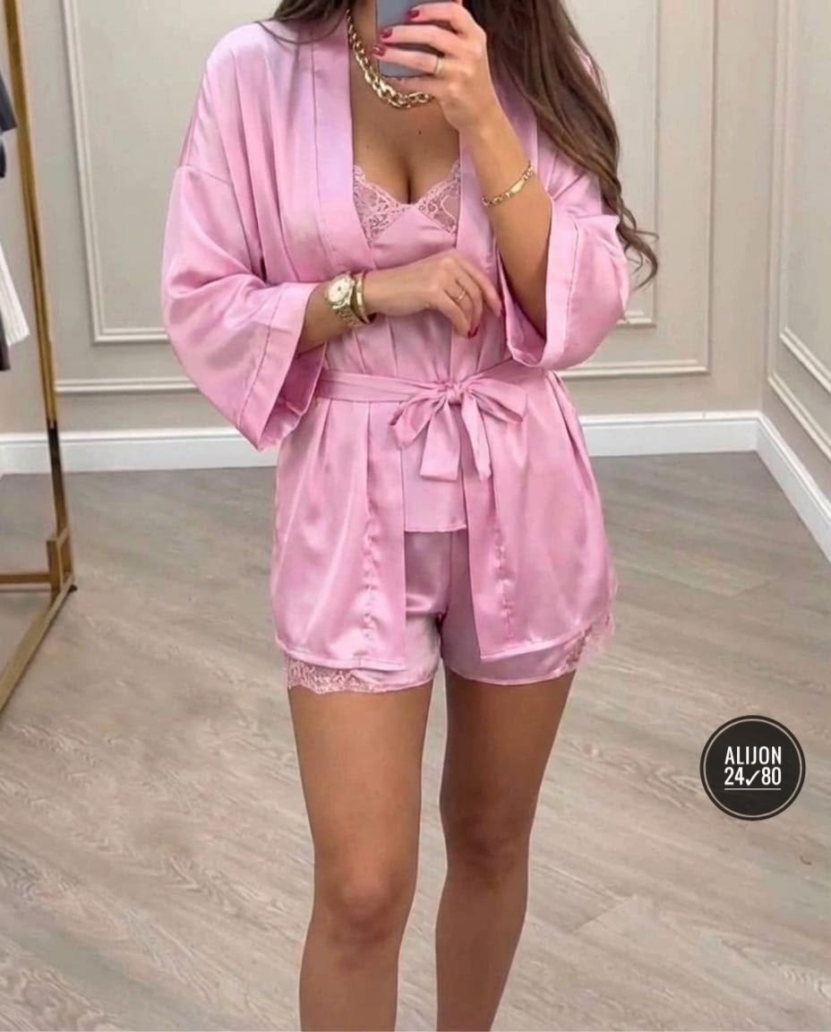 домашняя одежда пижама,комплект женской пижамы,женские пижамные комплекты,женский шелковый домашний комплект халат, топ и шорты розовый,пеньюар