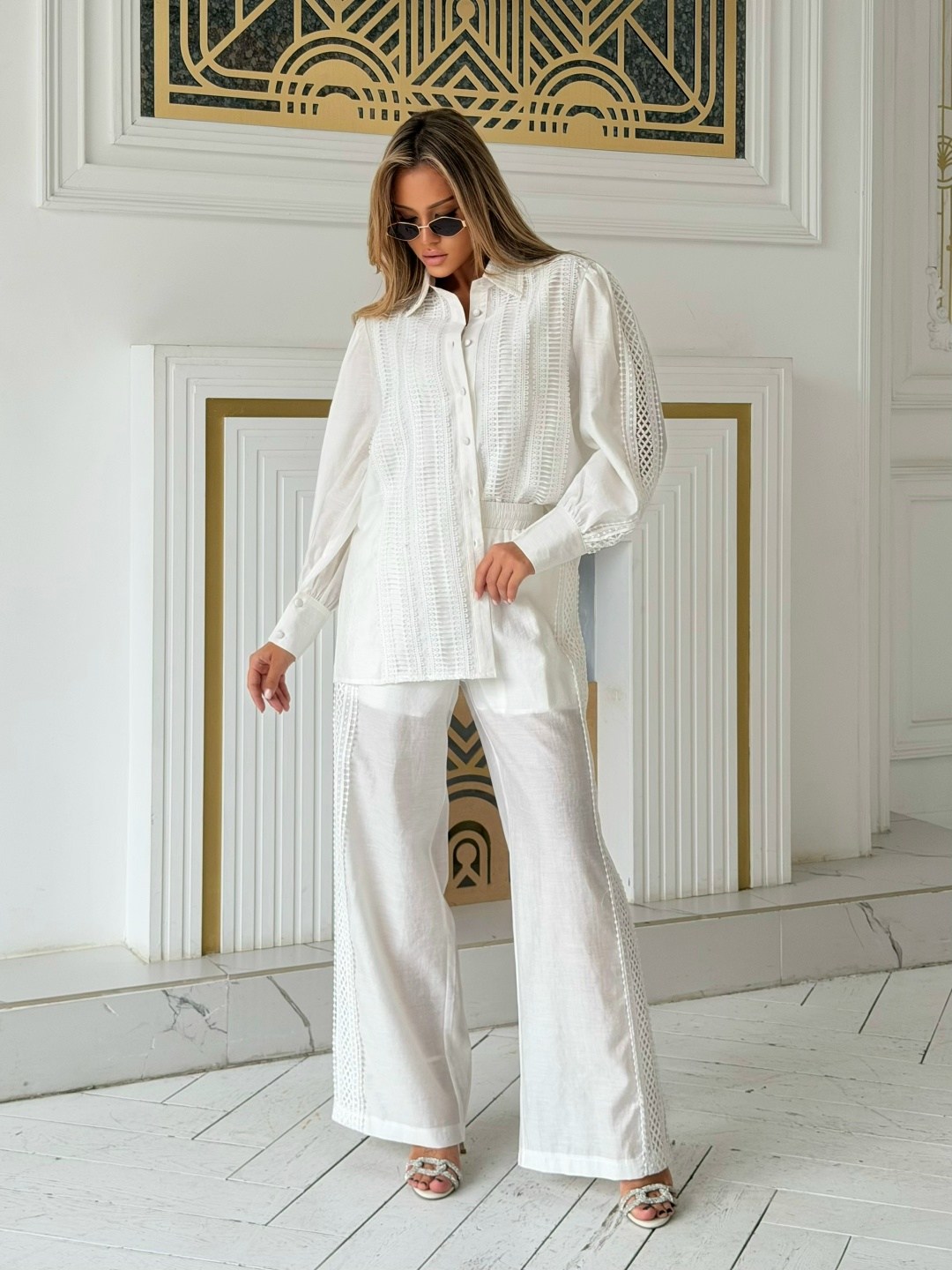 рубашка хлопковая оверсайз emberens 246727004,брючный костюм,белые костюмы,костюм повседневный,женский костюм