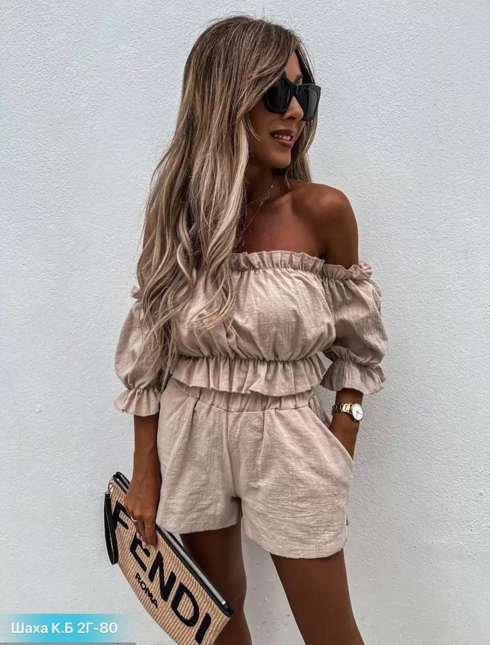 летние костюмы,женские комплекты из топа,летний женский костюм,шорты с оборками,костюм на лето