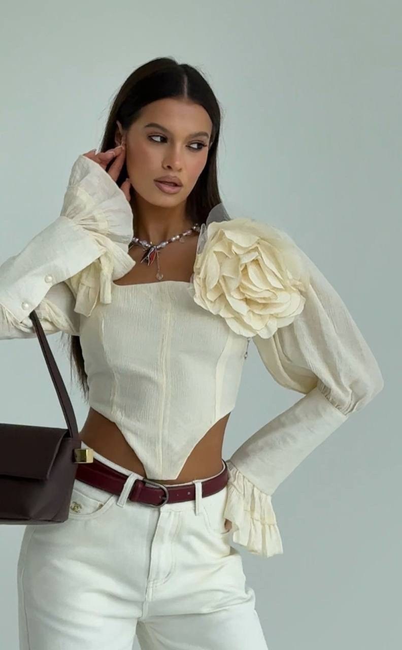 блузка с оборками,блузка с 3d цветами для женщин,женская блузка,блузка с объемными рукавами,блуза с розами