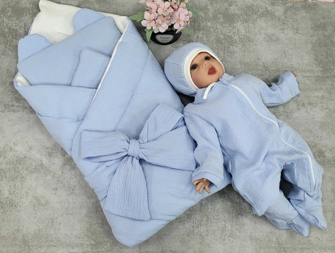 летний комплект на выписку,комплект на выписку,комплект на выписку 4 предмета "муслин" голубой лето,конверт на выписку,комплект на выписку для новорожденного