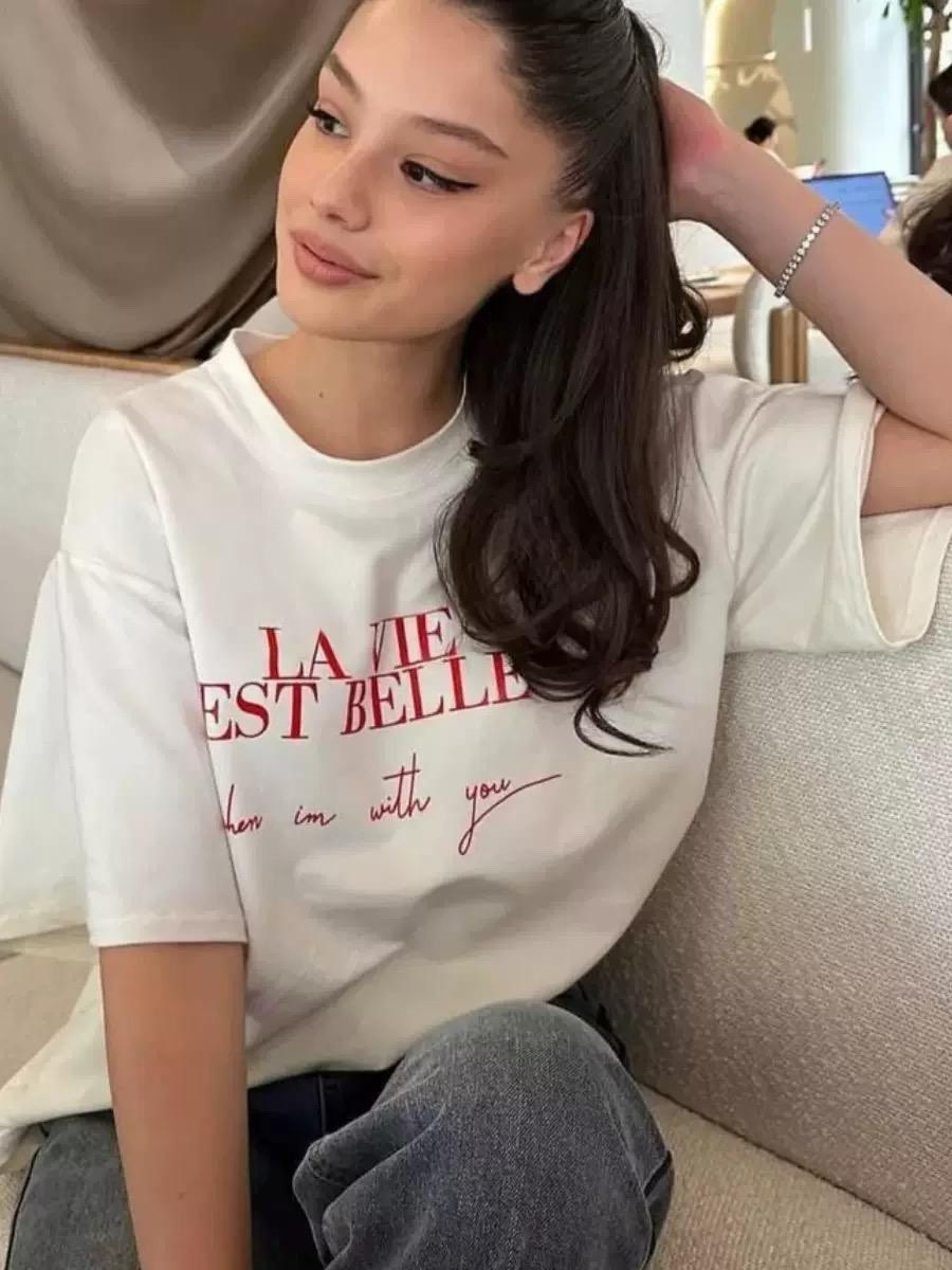 футболки женская,стильная футболка с принтом,стильная футболка,футболка la vie est belle,футболке