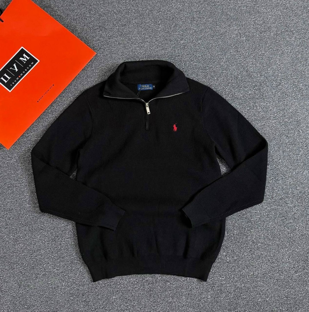 хлопковый свитер на молнии 1/4 polo ralph lauren polo black,свитер polo ralph lauren,кофта мужская ralph lauren,мужской хлопковый свитер сетчатой вязки с молнией на четверть polo ralph lauren черный,p
