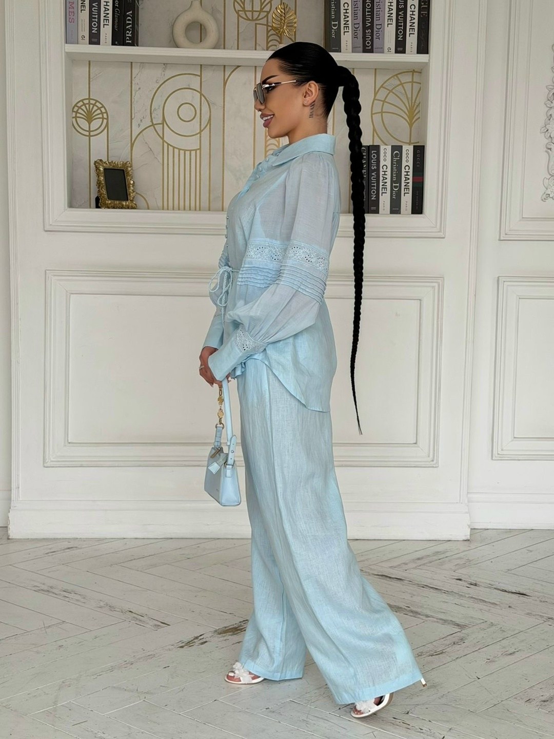 костюм женский льняной брючный,костюм льняной брючный,летний костюм брюки палаццо женский льняной с рубашкой 37thavenue небесно-голубой,костюм брючный,костюм льняной женский с брюками