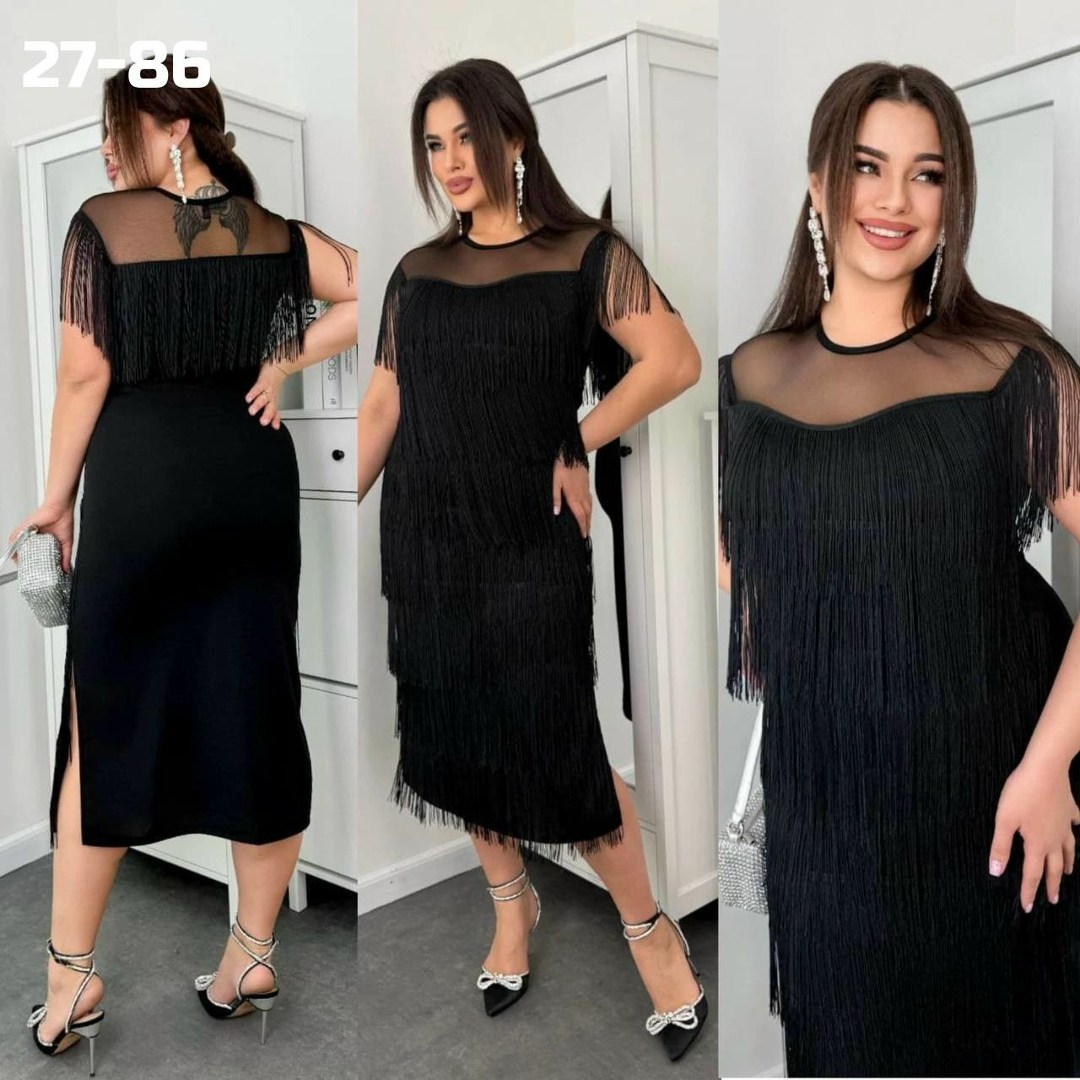 платье с бахромой для полных,платье женской,бахрома для платья,вечернее платье с бахромой,платье с бахромой черное