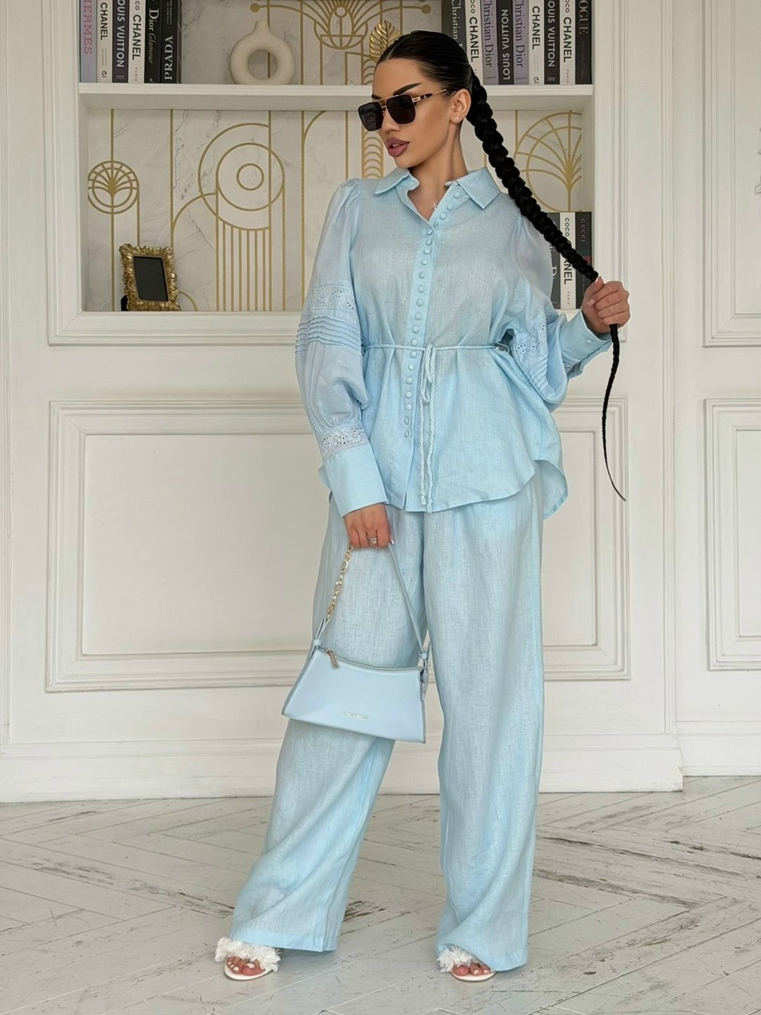 костюм женский льняной брючный,костюм льняной брючный,летний костюм брюки палаццо женский льняной с рубашкой 37thavenue небесно-голубой,костюм брючный,костюм льняной женский с брюками