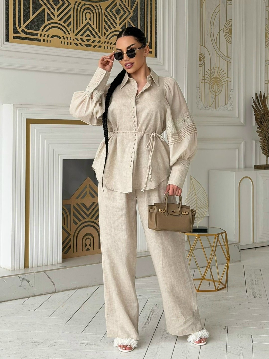 костюм женский льняной брючный,костюм льняной брючный,летний костюм брюки палаццо женский льняной с рубашкой 37thavenue небесно-голубой,костюм брючный,костюм льняной женский с брюками