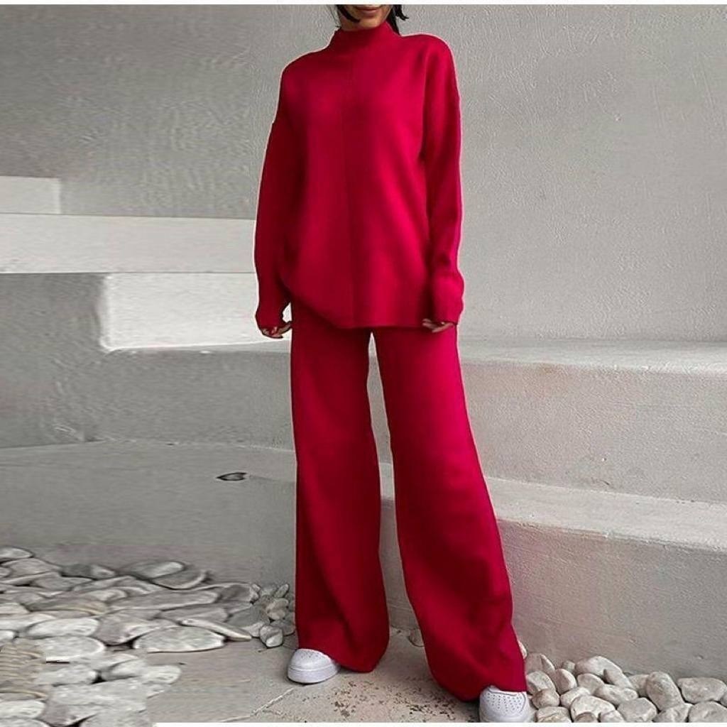 трикотажный костюм с брюкам,костюм с широкими брюками,женский костюм с брюками,монохромный вязаный костюм для женщин высокая шея широкие брюки,костюмы трикотажные палаццо женские брючные