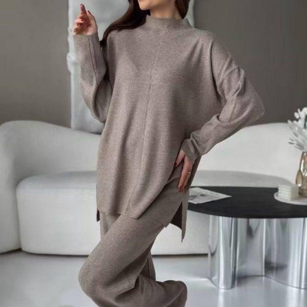 трикотажный костюм с брюкам,костюм с широкими брюками,женский костюм с брюками,монохромный вязаный костюм для женщин высокая шея широкие брюки,костюмы трикотажные палаццо женские брючные