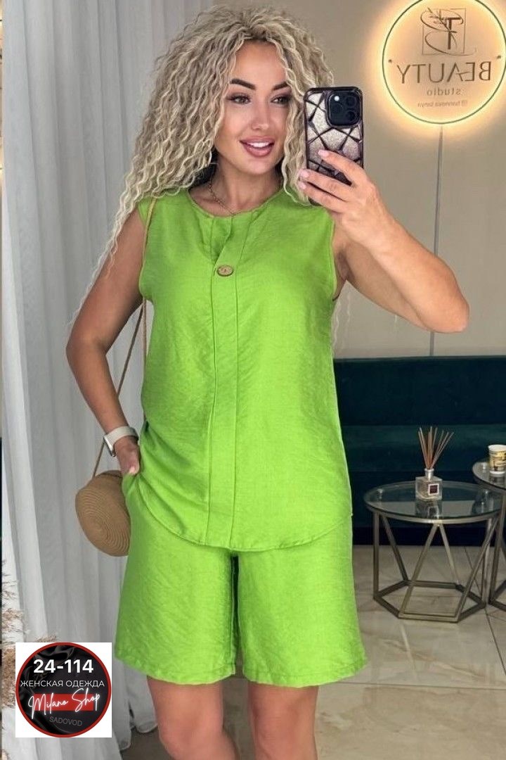 ,женский костюм с шортами,летние костюмы женские,костюм из льна лайм,костюм с шортам