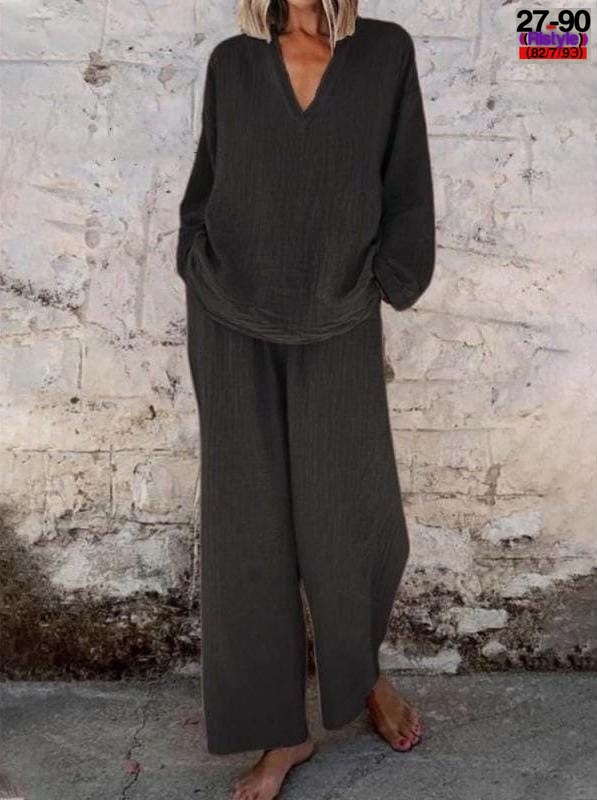 женский модный однотонный костюм zanzea,модный однотонный костюм zanzea с длинным рукавом,брючный костюм повседневный,брюки широкого кроя,женский брючный костюм