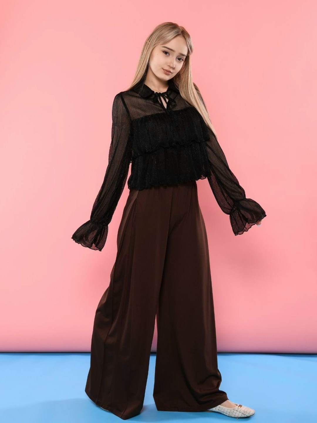 блузка с воланами из шифона, черный,черные блузки из шифона,шифоновые брюки палаццо,брюки палаццо,брюки женские