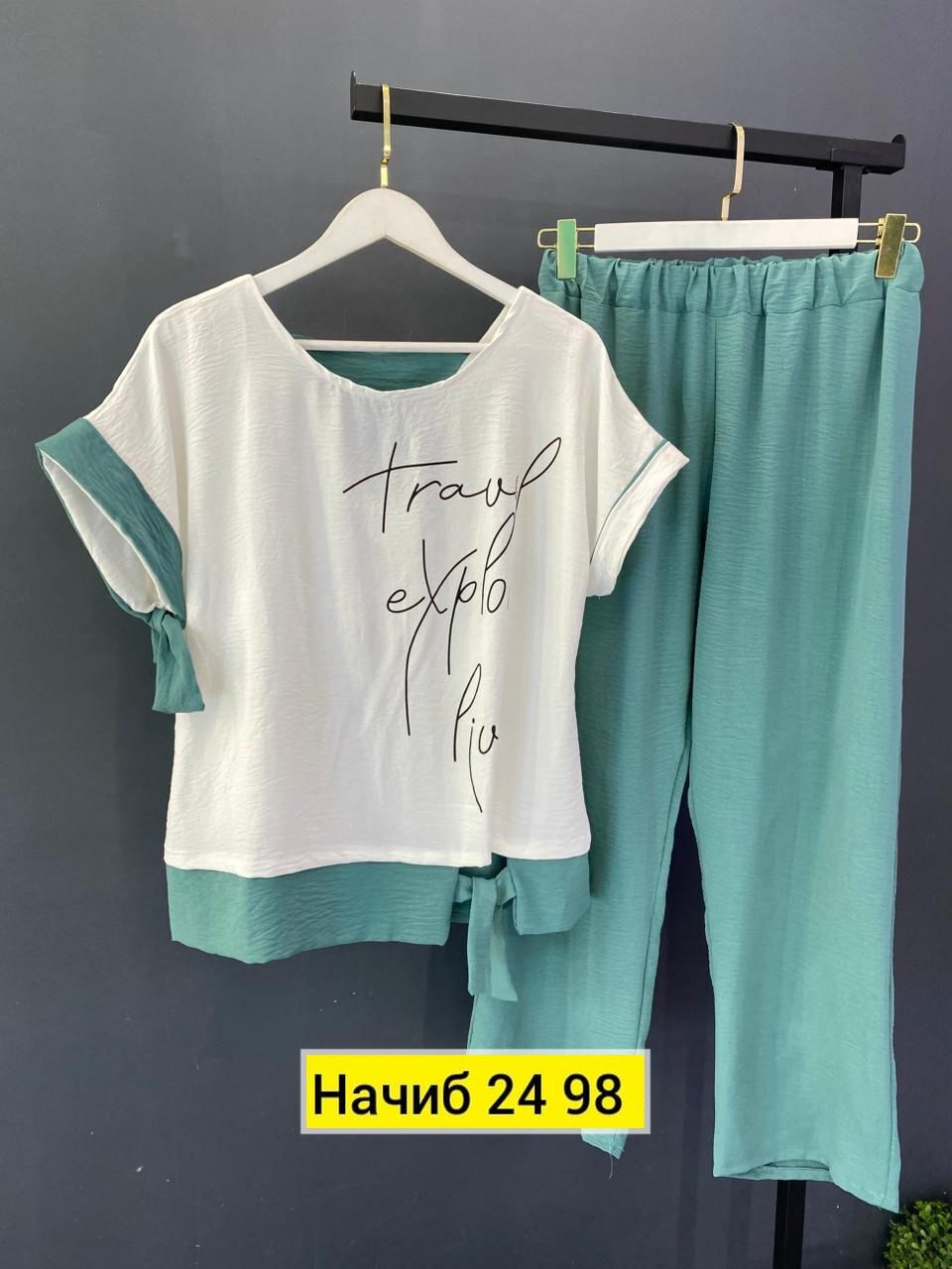 летние костюмы женские,костюм vittoria queen 24783 двойка бирюзовый,летний брючный костюм женский 2025,летний брючный костюм,брючный комплект