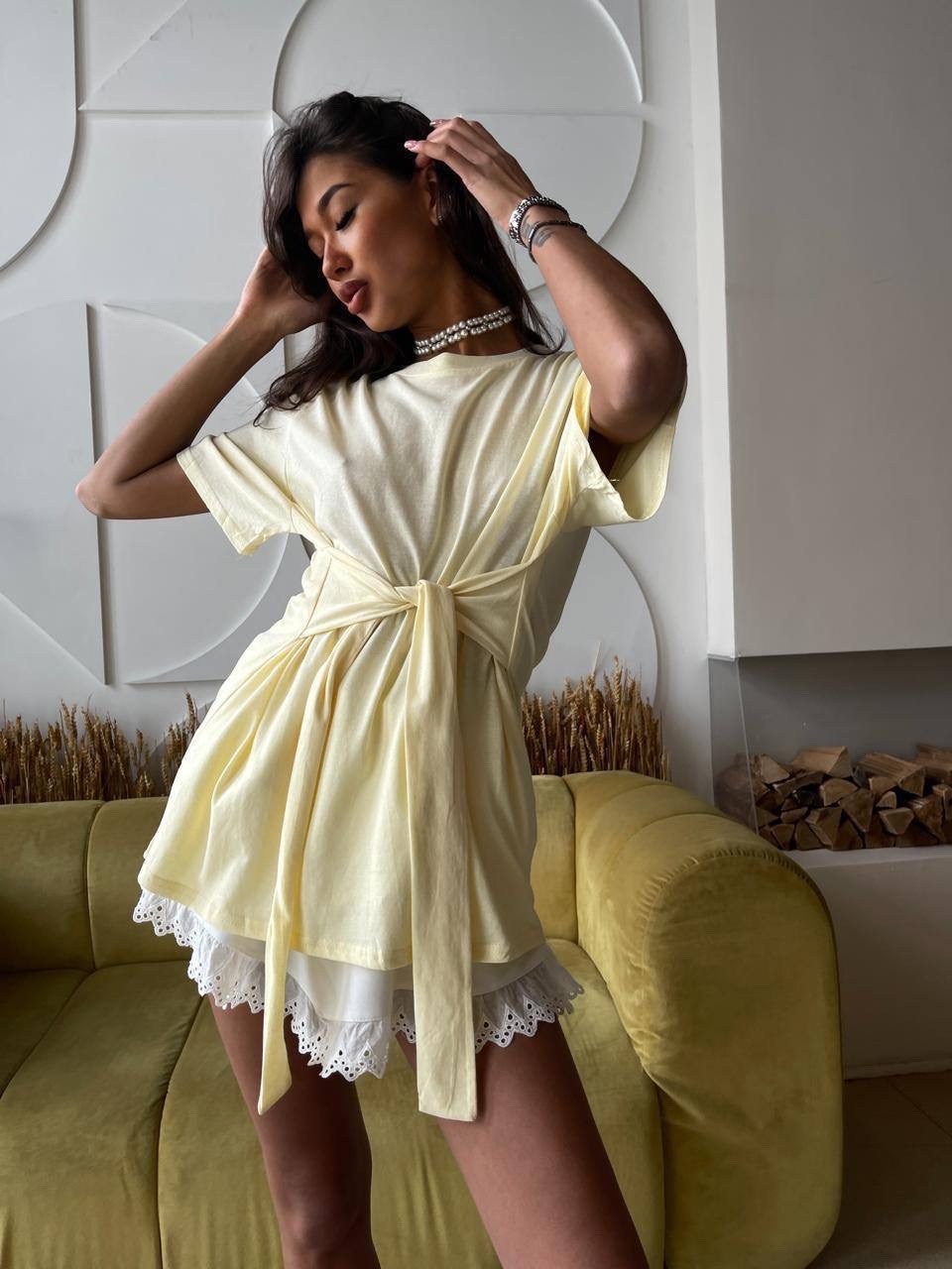 костюм с юбкой,платье туника,платье желтый,шифоновое платье,