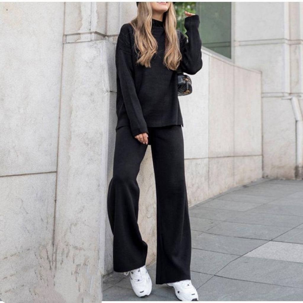 трикотажный костюм с брюкам,костюм с широкими брюками,женский костюм с брюками,монохромный вязаный костюм для женщин высокая шея широкие брюки,костюмы трикотажные палаццо женские брючные