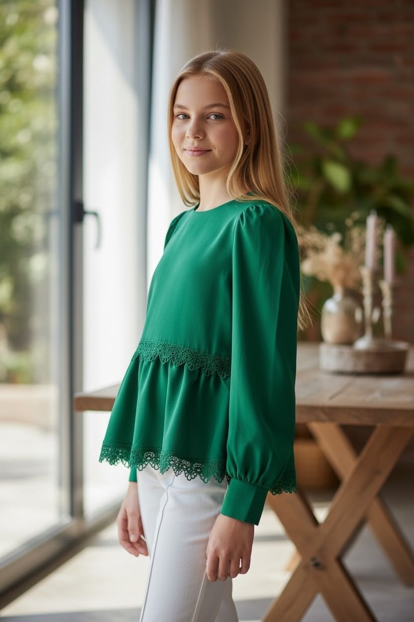 блузка с оборками,блузка для девочек,костюм для девочек,зеленое платье для девочки,комплект костюм
