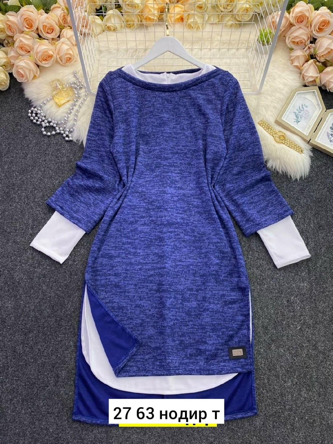 платье двойка с туникой синее,платье 👗,платье трикотажное женское,платья двойка,платье туника