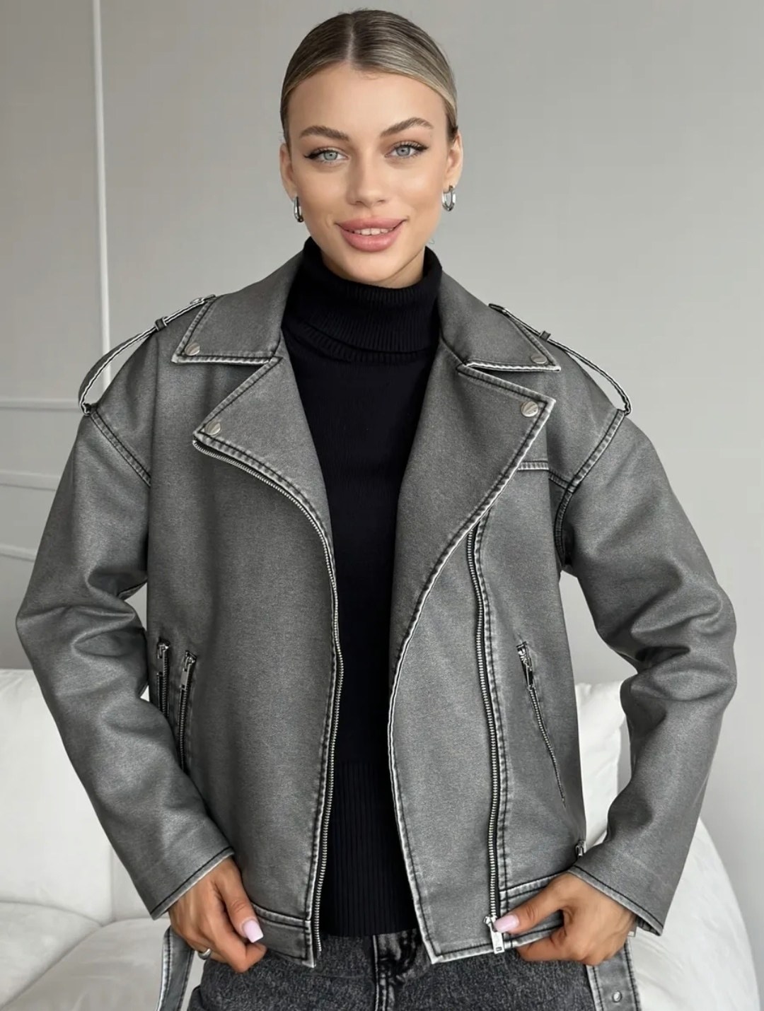 косуха винтажная куртка кожаная oversize серая monyken,косуха серая винтажная куртка кожаная оверсайз aftfbasic,косуха куртка,косуха кожаная куртка оверсайз демисезонная,женская куртка косуха