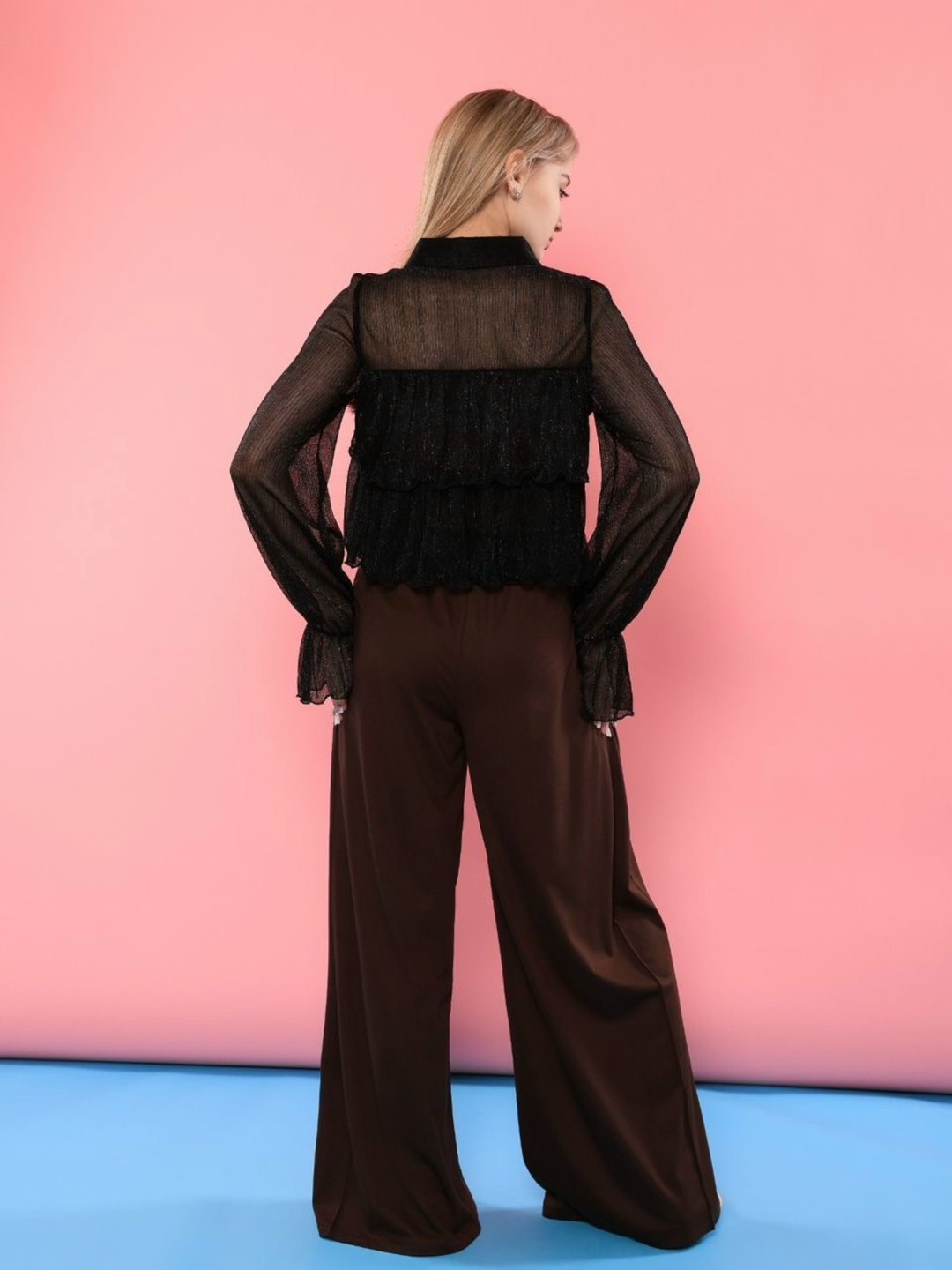 блузка с воланами из шифона, черный,черные блузки из шифона,шифоновые брюки палаццо,брюки палаццо,брюки женские