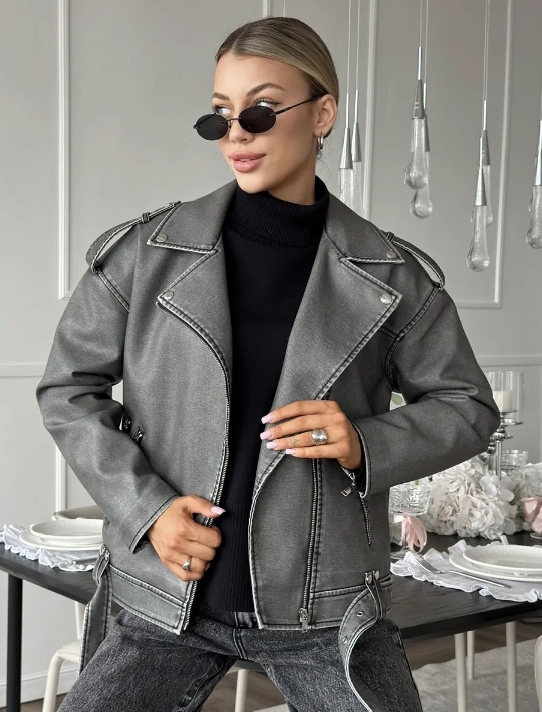 косуха винтажная куртка кожаная oversize серая monyken,косуха серая винтажная куртка кожаная оверсайз aftfbasic,косуха куртка,косуха кожаная куртка оверсайз демисезонная,женская куртка косуха