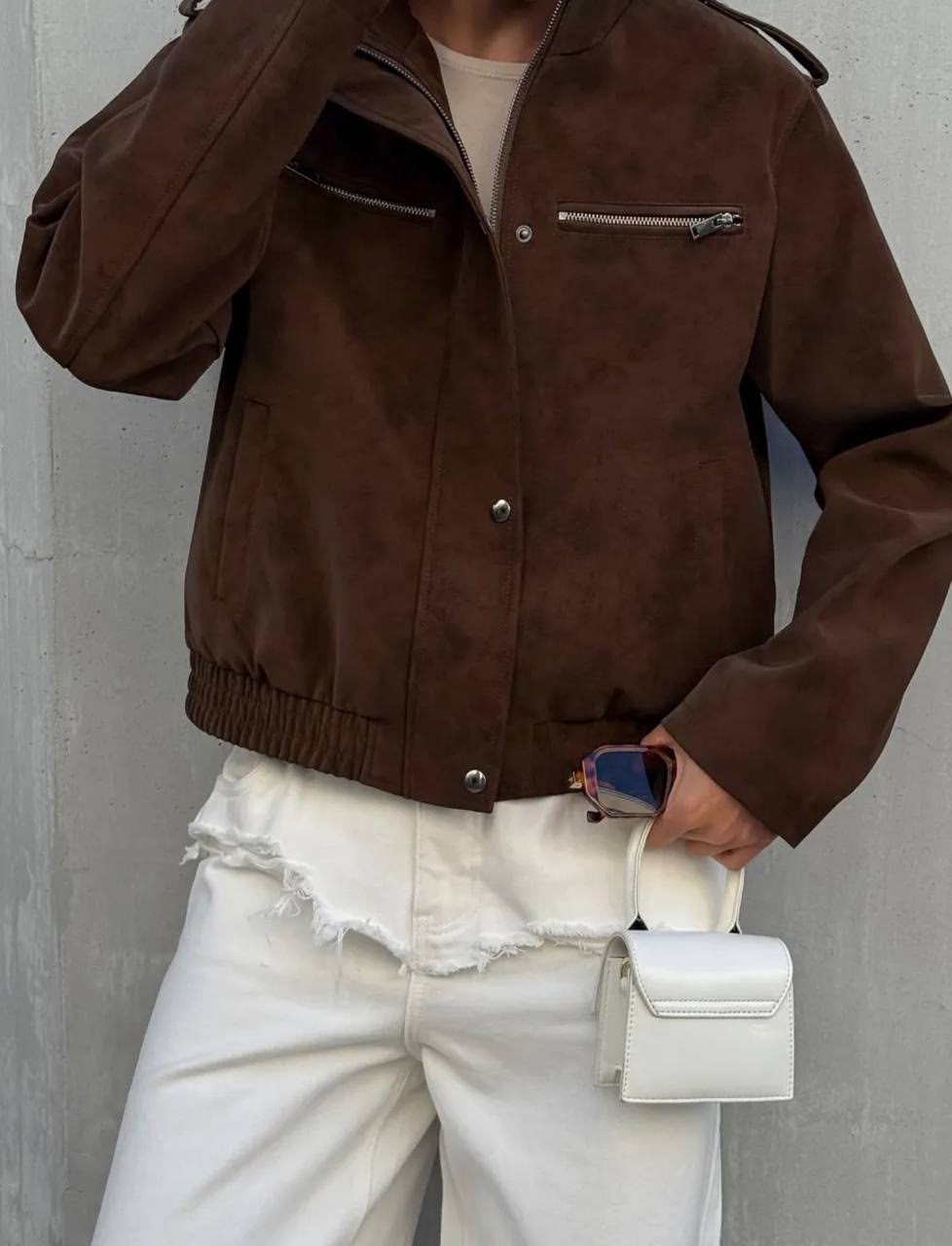 бомбер укороченный оверсайз замшевый куртка рабочего тренд saint shine,бомбер замшевая куртка оверсайз saint shine,бомбер замшевая куртка оверсайз saint shine цвет темно-коричневый,бомбер укороченный