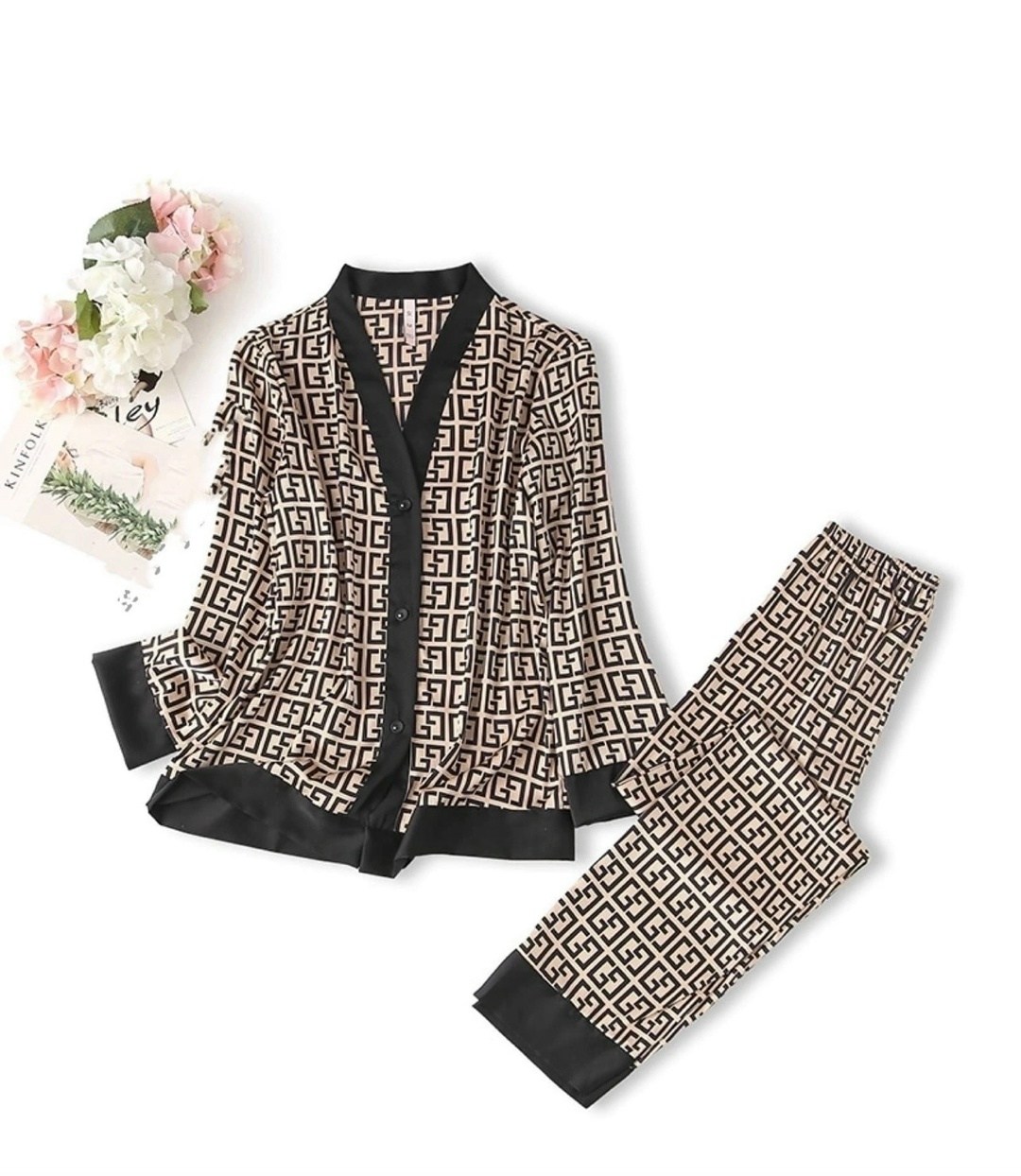 пижама шелковая фенди,домашняя одежда пижама,женская пижама,женская шелковая пижама со штанами и рубашкой,домашняя пижама женская