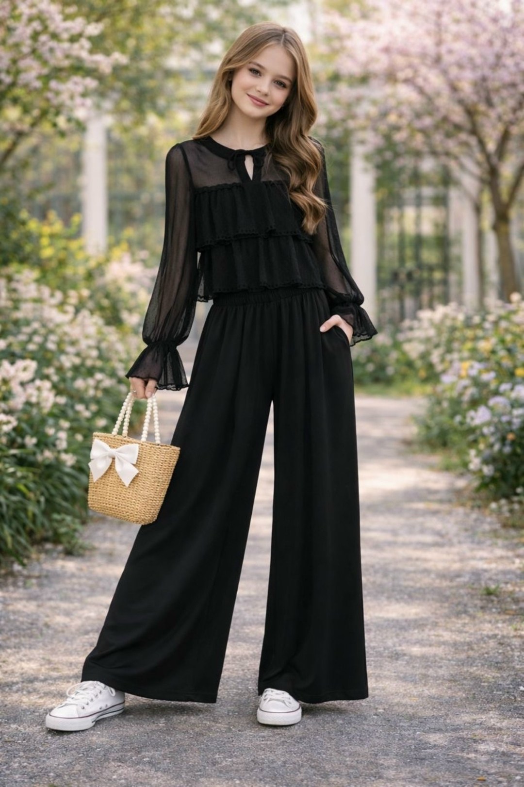 блузка с воланами из шифона, черный,черные блузки из шифона,шифоновые брюки палаццо,брюки палаццо,брюки женские