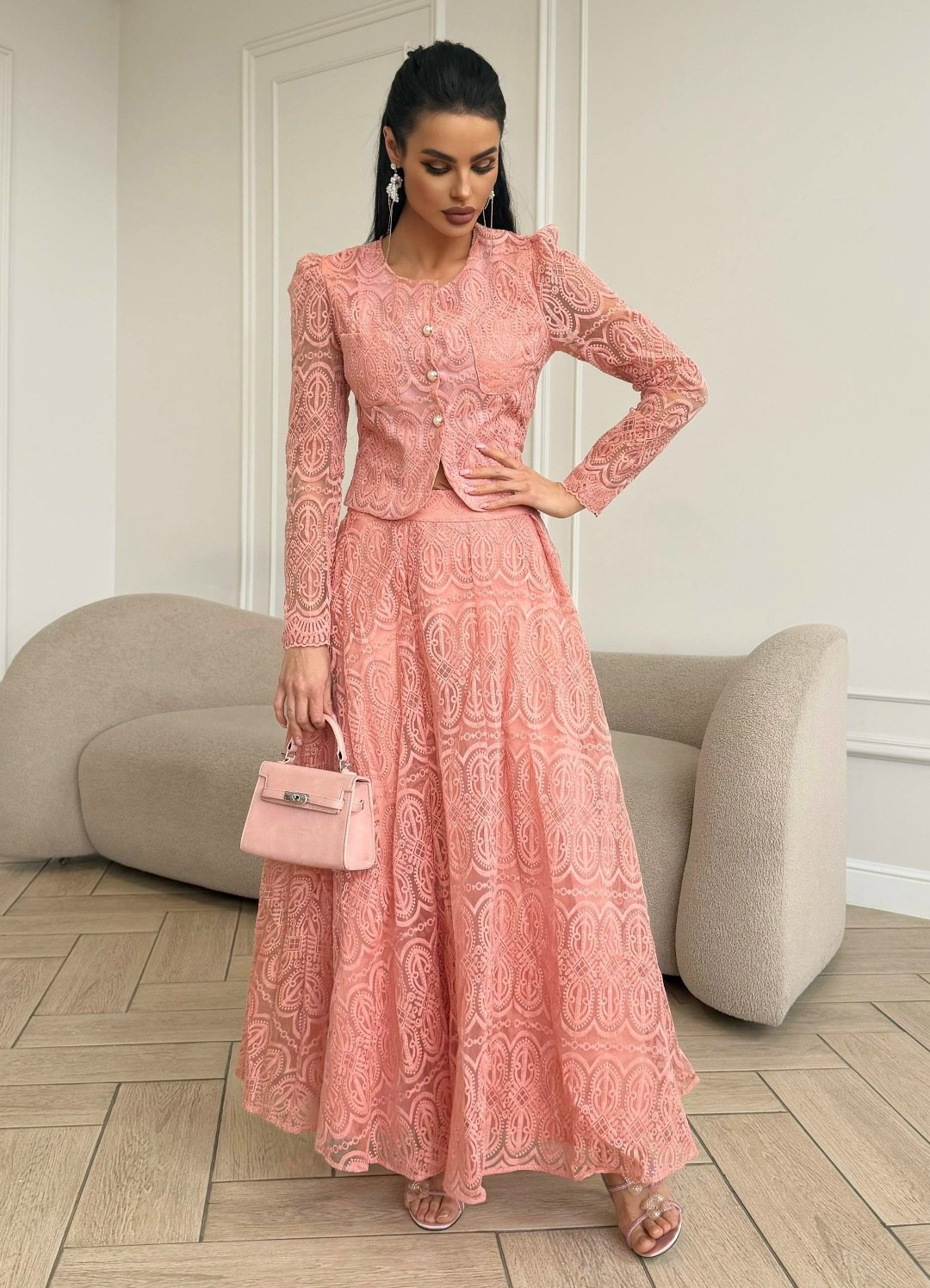 жакет, юбка мода юрс 2319 розовый,костюм в стиле шанель,кружевная юбка,костюм с юбкой 2319 розовый мода-юрс,юбочный костюм мода юрс 2319 розовый