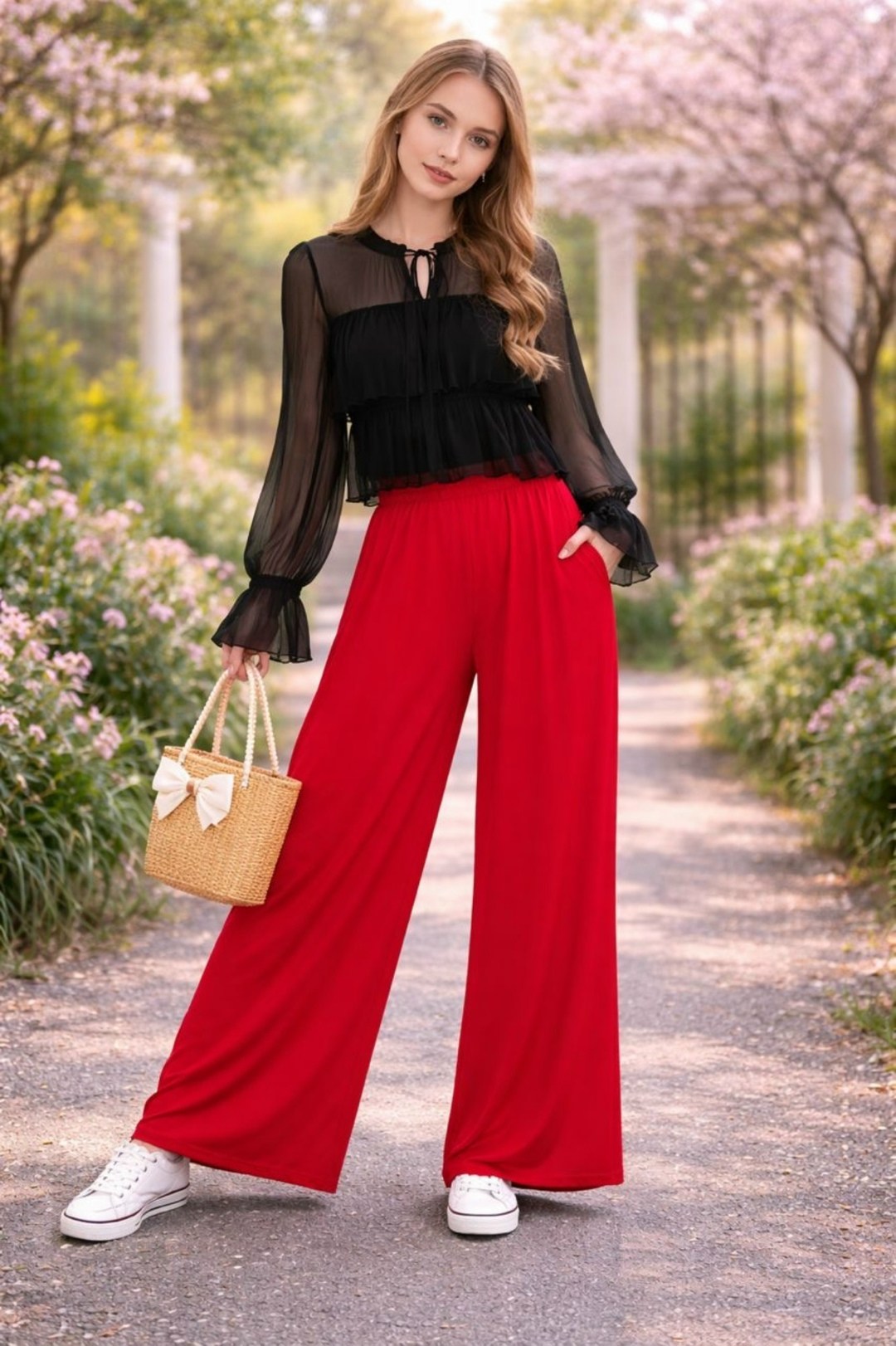 блузка с воланами из шифона, черный,черные блузки из шифона,шифоновые брюки палаццо,брюки палаццо,брюки женские