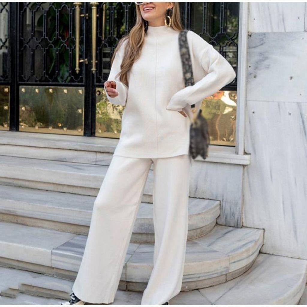 трикотажный костюм с брюкам,костюм с широкими брюками,женский костюм с брюками,монохромный вязаный костюм для женщин высокая шея широкие брюки,костюмы трикотажные палаццо женские брючные