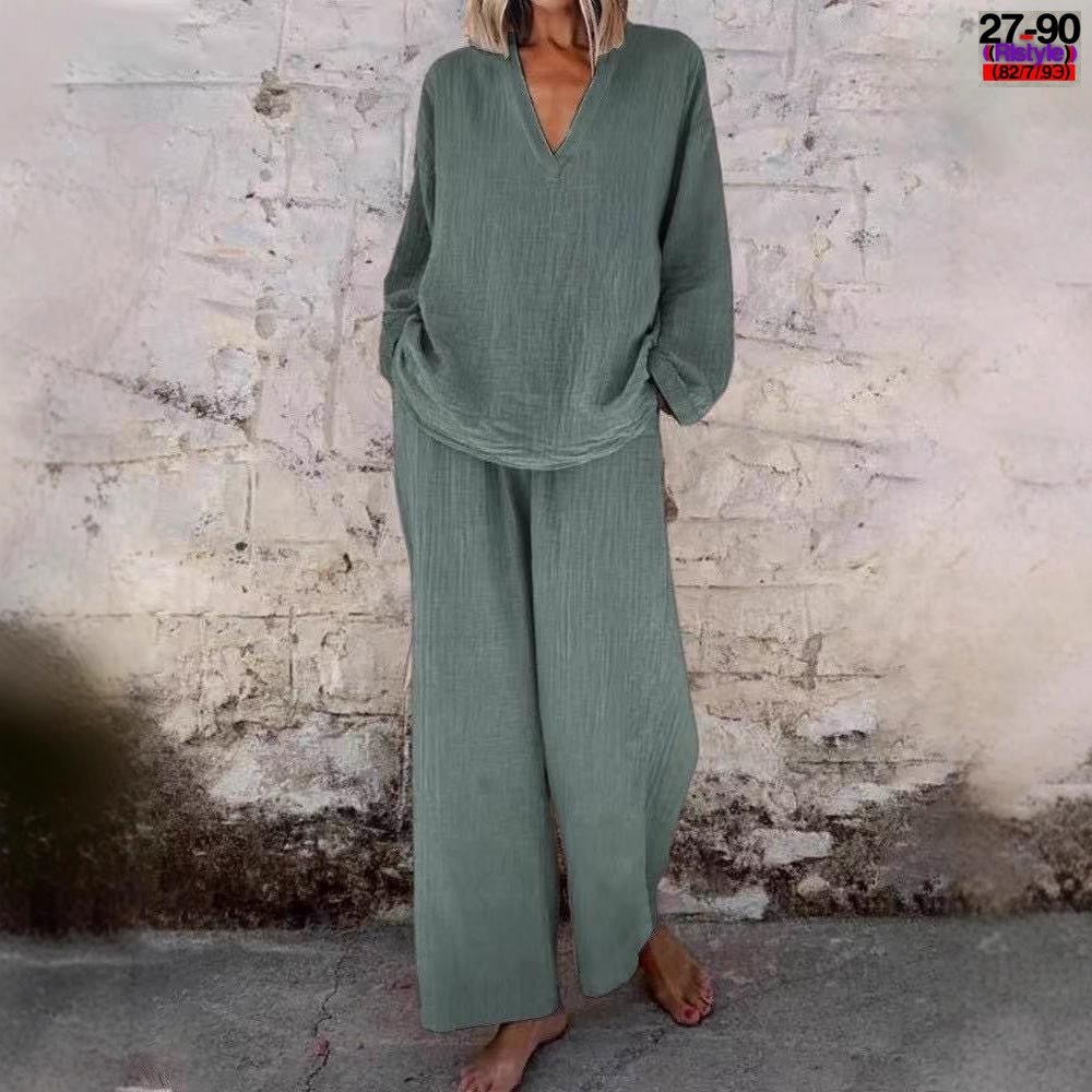 женский модный однотонный костюм zanzea,модный однотонный костюм zanzea с длинным рукавом,брючный костюм повседневный,брюки широкого кроя,женский брючный костюм