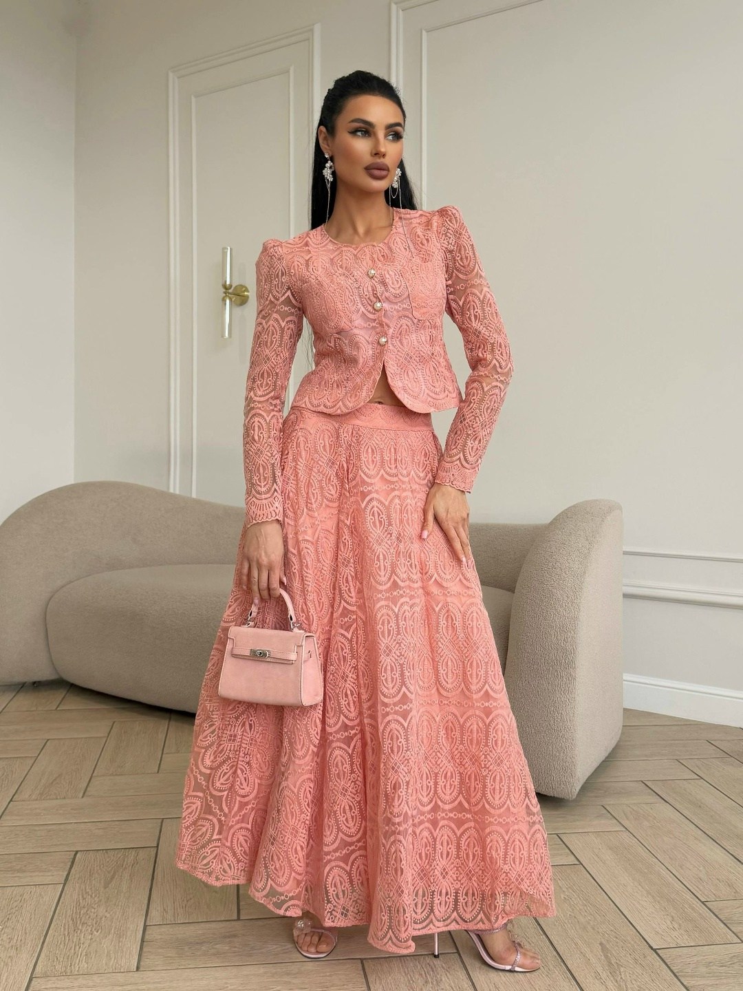 жакет, юбка мода юрс 2319 розовый,костюм в стиле шанель,кружевная юбка,костюм с юбкой 2319 розовый мода-юрс,юбочный костюм мода юрс 2319 розовый