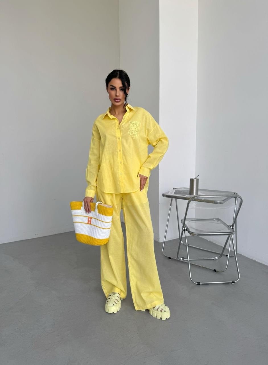 идеальный костюм изо льна: рубашка + брюки, lemon - l-xl,идеальный костюм изо льна рубашка + брюки lemon,брючный костюм,желтый костюм,жёлтый костюм женский брючный