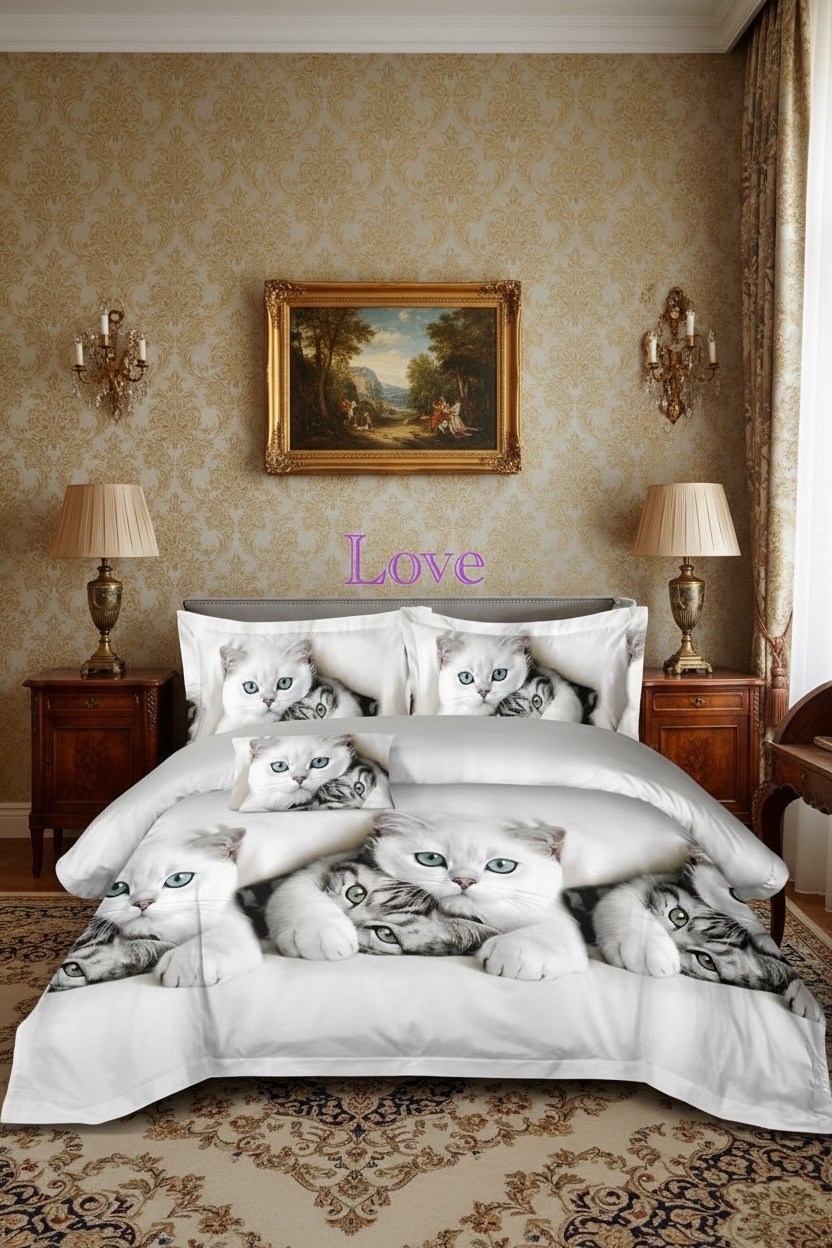 постельное белье 1.5 спальное павлина котики белые полисатин наволочки 70x70,постельное белье 1 5 спальное,комплект постельного белья,постельное бельё,льняной комплект постельного белья с кошками