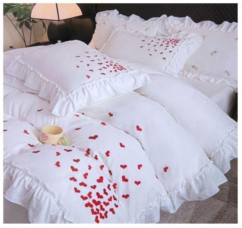 комплект одеяло,постельное белье,постельное белье с рюшами и вышивкой евро angelo custode,комплект постельного белья,комплект постельного белья с готовыми одеялами