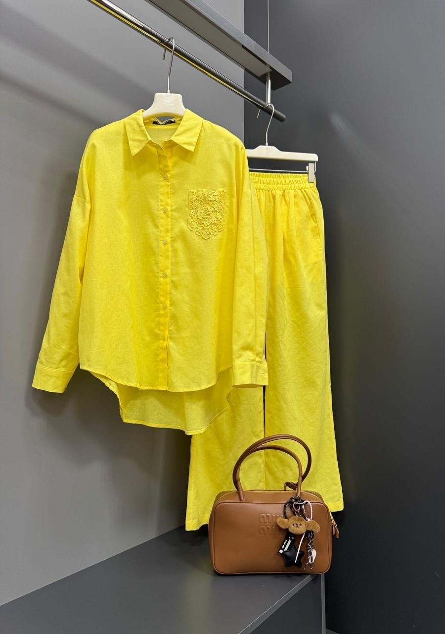 идеальный костюм изо льна: рубашка + брюки, lemon - l-xl,идеальный костюм изо льна рубашка + брюки lemon,брючный костюм,желтый костюм,жёлтый костюм женский брючный