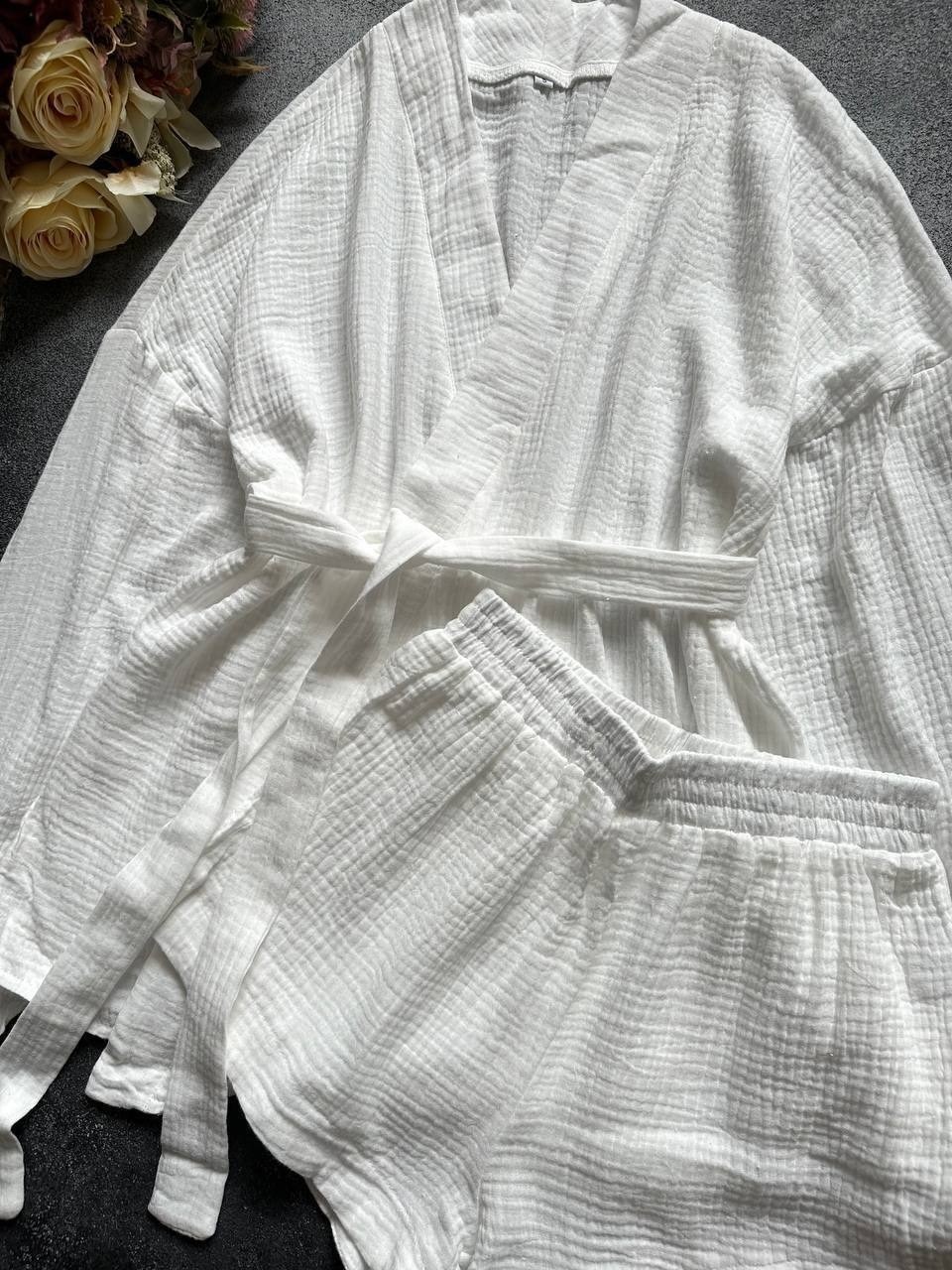 костюм белый,кимоно халат муслин,халат с карманами,халат с длинными рукавами,шелковые халаты