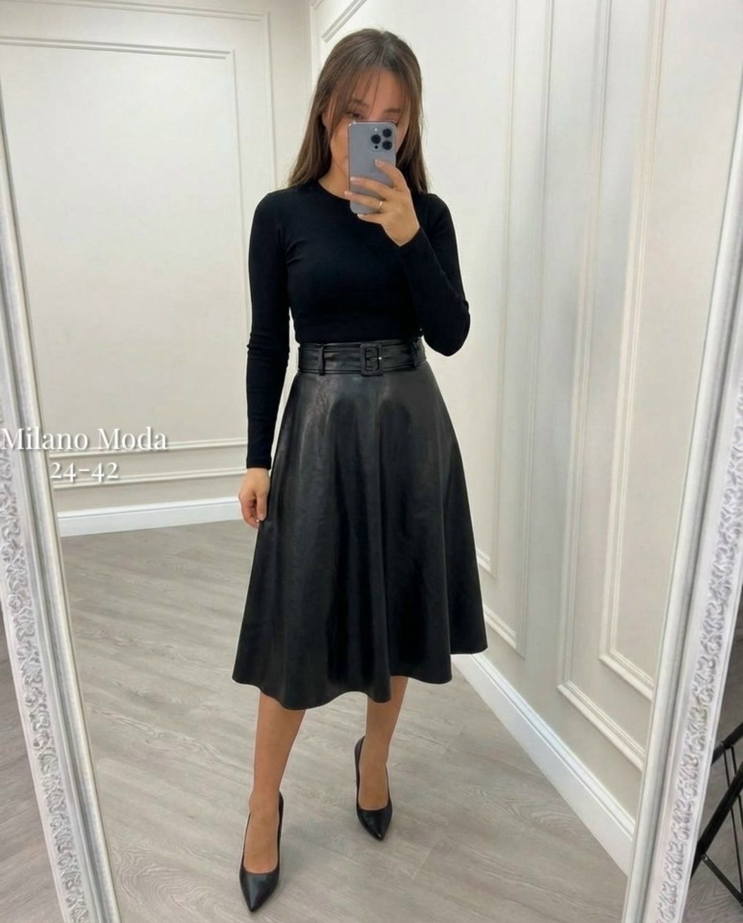 юбка из экокожи миди,кожаная юбка миди,кожаная юбка,юбка,юбка кожаная миди трапеция katty po