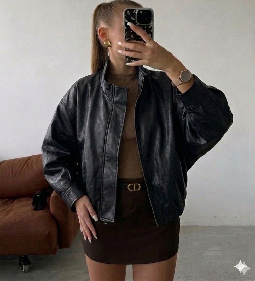 женская модная кожаная куртка 90%,повседневная куртка,кожаная куртка,women’s fashion 90s leather jacket oversized brown bomber jacket,women 90's fashion leather jacket vintage leather oversized bomber