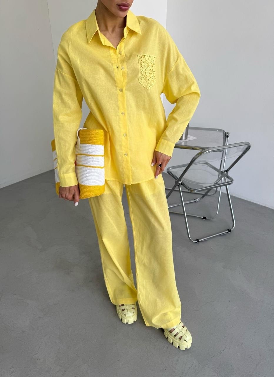 идеальный костюм изо льна: рубашка + брюки, lemon - l-xl,идеальный костюм изо льна рубашка + брюки lemon,брючный костюм,желтый костюм,жёлтый костюм женский брючный